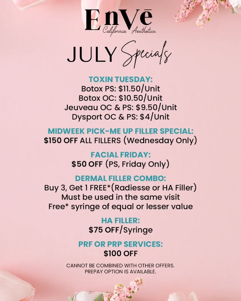 Enve California Aesthetics June special promotional popup highlighting exclusive skincare and aesthetic treatment offers.